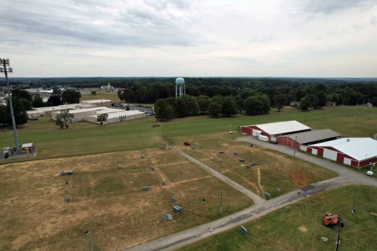 A view of the site of the July 13, Trump campaign rally on the grounds of the Butler Farm Show, which was visited by members of the House Committee on Homeland Security, led by Chairman Mark E. Green, R-Tenn., Monday, July 22, 2024, in Butler, Pa. (AP Photo/Jessie Wardarski)