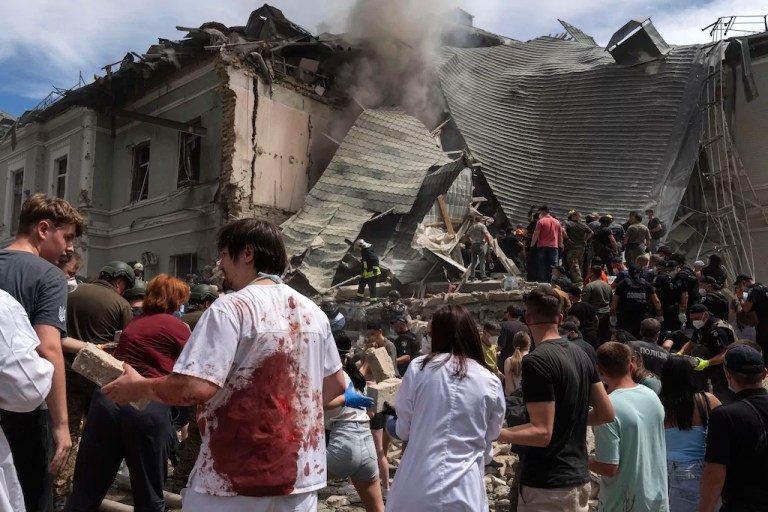Ukraine says dozens killed and children’s hospital hit in Russian attack