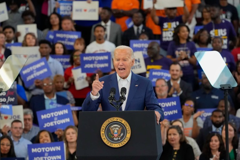Biden buoyed by rowdy crowd in Michigan chanting ‘Lock him up!’ at Trump mention