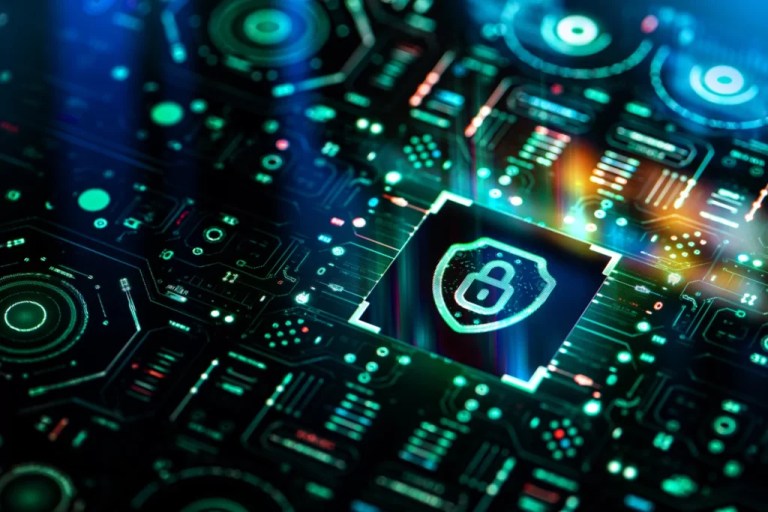 Digital security and privacy background. Cyber and crypto security shield on futuristic screen technology background.