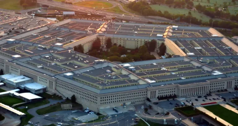 Pentagon building aerial view at sunset.