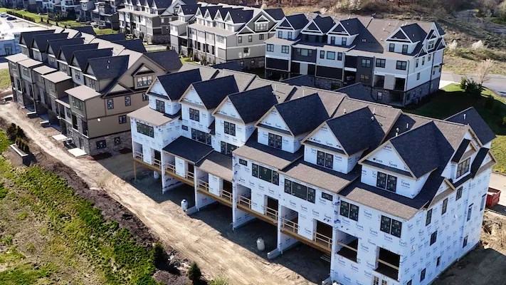 Townhouses under construction are shown in Cranberry Township, Pennsylvania, on March 29, 2024.