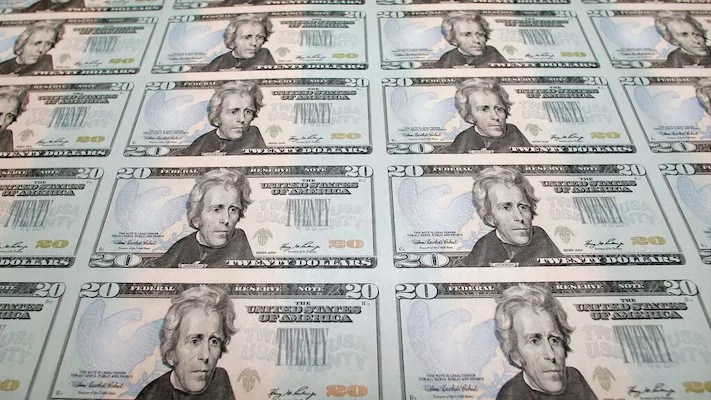 The new Series 2006 $20 currency notes are seen at the Bureau of Engraving and Printing in Washington.