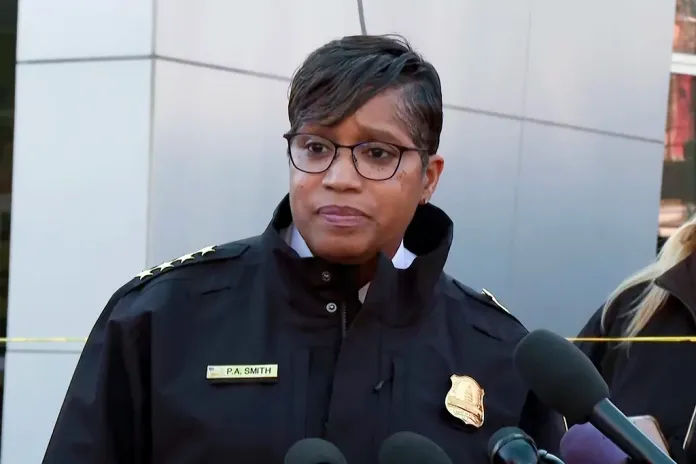 Washington Metropolitan Police Chief Pamela Smith talks to the media, Wednesday, Feb. 14, 2024 in Washington. Three police officers were shot in Washington and a fourth suffered minor injuries after someone suspected of animal cruelty opened fire on them Wednesday morning. The officers, shot in the southeast part of the capital, are expected to survive. 