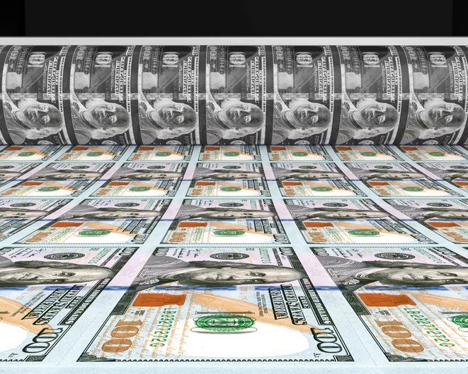 Money printing $100 banknotes illustration.