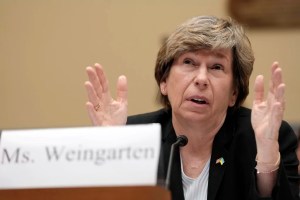 Randi Weingarten, president of the American Federation of Teachers, testifies during a House Oversight and Accountability subcommittee hearing on COVID-19 school closures, Wednesday, April 26, 2023, on Capitol Hill in Washington. (AP Photo/Mariam Zuhaib)