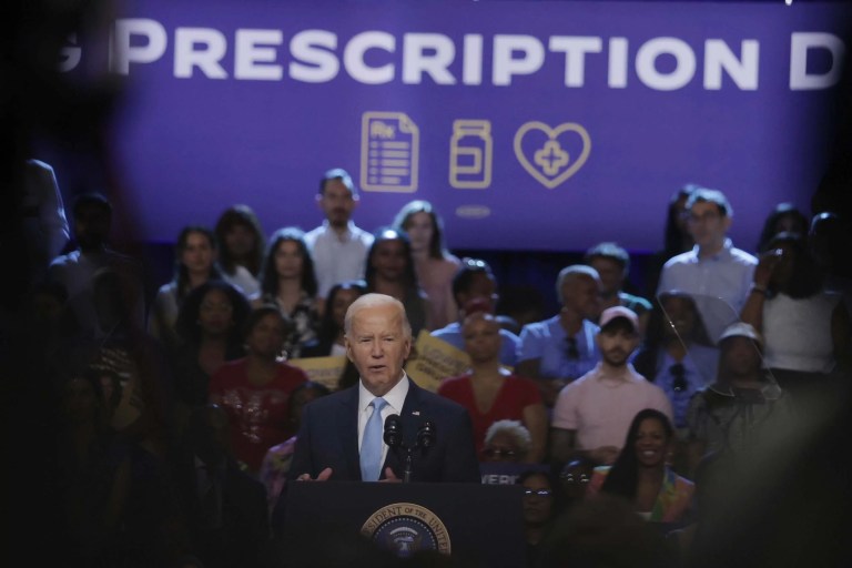 Former President Joe Biden and former Vice President Kamala Harris made their first appearance together since the president ended his reelection bid at Prince George's County Community College in Maryland on Wednesday, Aug. 15, 2024, to discuss the work they are doing to lower prescription drug costs for the American people.