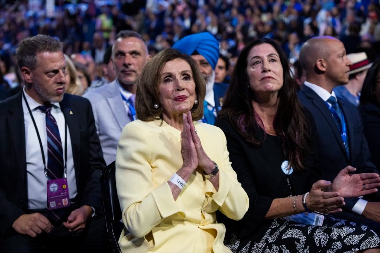 Rep. Nancy Pelosi (D-CA) and her daughter Christine Pelosi are seen on the first night of the Democratic National Convention at the United Center in Chicago, Illiois, Monday, Aug. 19, 2024.