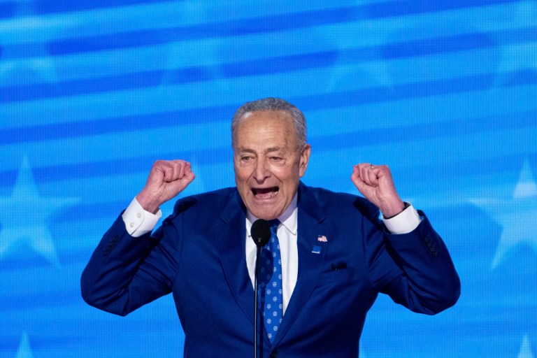 Senate Majority Leader Chuck Schumer (D-NY) speaks during the roll call vote during day two of the 2024 Democratic National Convention in Chicago, Tuesday, Aug. 20, 2024.