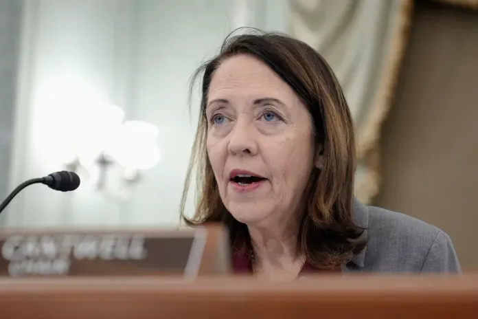 Sen. Maria Cantwell, D-Wash., asks a question during a Senate Commerce, Science, and Transportation Committee hearing to examine FAA oversight of aviation on Capitol Hill Thursday, June 13, 2024, in Washington. (AP Photo/Mariam Zuhaib)