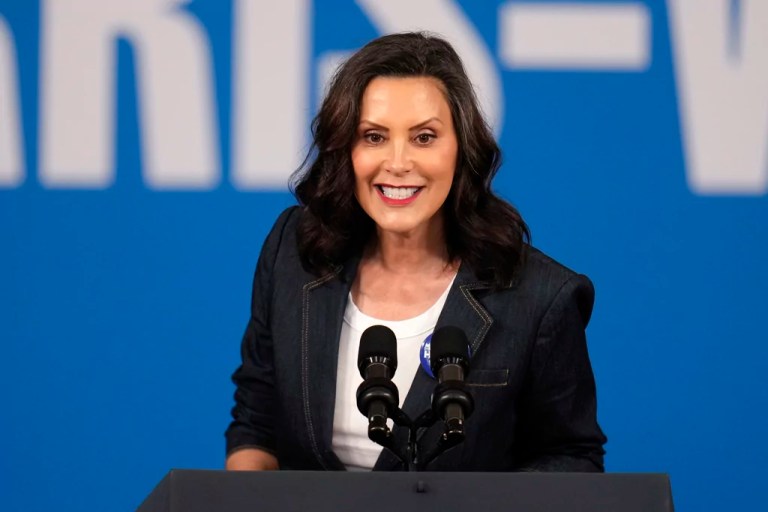 Gov. Gretchen Whitmer (D-MI) speaks before Vice President Kamala Harris, Democratic presidential nominee, at a campaign event at Northwestern High School in Detroit, Monday, Sept. 2, 2024.