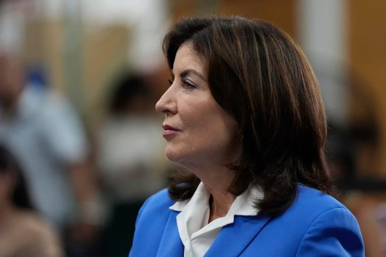 Gov. Kathy Hochul (D-NY) attends a press conference on illegal cannabis shops at a New York Police Department warehouse, Wednesday, July 31, 2024, in the Bronx borough of New York.