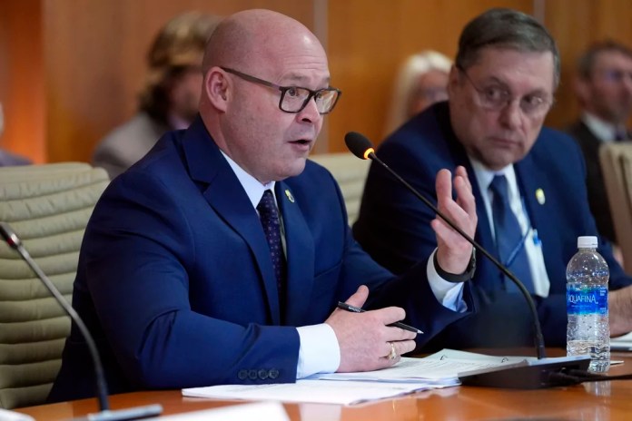 International Brotherhood of Teamsters president Sean O'Brien speaks as he meets with Republican presidential candidate former President Donald Trump at their headquarters in Washington, Wednesday, Jan. 31, 2024. (AP Photo/Andrew Harnik)