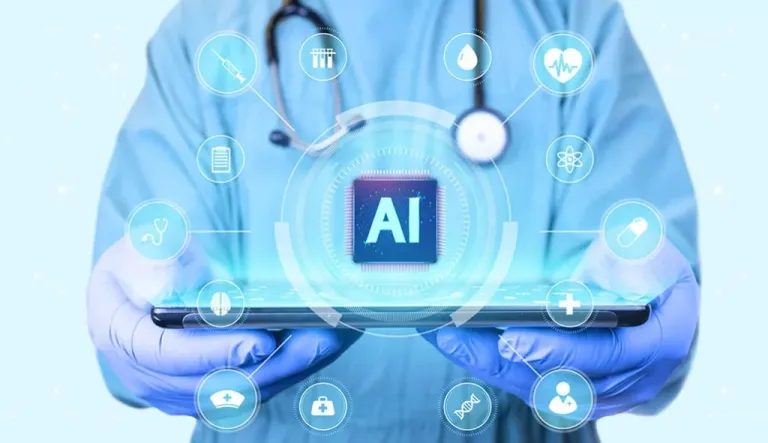 Doctor analyzes an artificial intelligence processor on a light blue background. AI development concept for healthcare. Intelligent AI learning system in medicine.