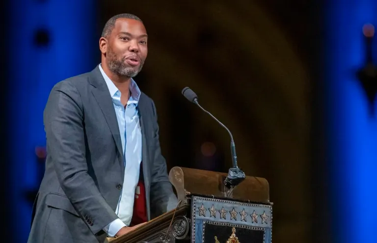 Author Ta-Nehisi Coates speaks during the Celebration of the Life of Toni Morrison, Thursday, Nov. 21, 2019, in New York. A stage production of Ta-Nehisi Coates' 