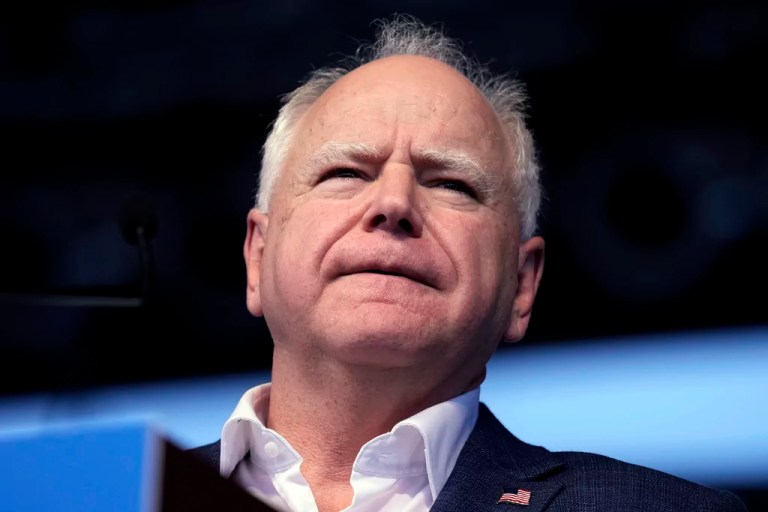 Gov. Tim Walz (D-MN) speaks during a campaign rally, Saturday, Oct. 19, 2024, in Papillion, Nebraska.
