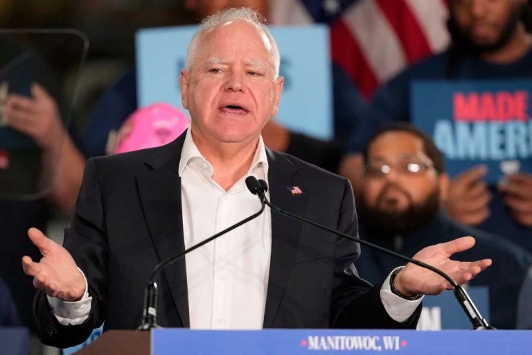 Gov. Tim Walz (D-MN), Democratic vice presidential nominee, speaks at a campaign stop, Monday, Oct. 28, 2024, in Manitowoc, Wisconsin.