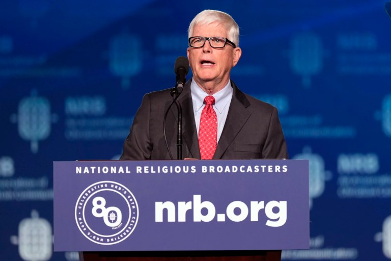 Hugh Hewitt speaks before President Donald Trump at the National Religious Broadcasters convention at the Gaylord Opryland Resort and Convention Center Thursday, Feb. 22, 2024, in Nashville, Tennessee.