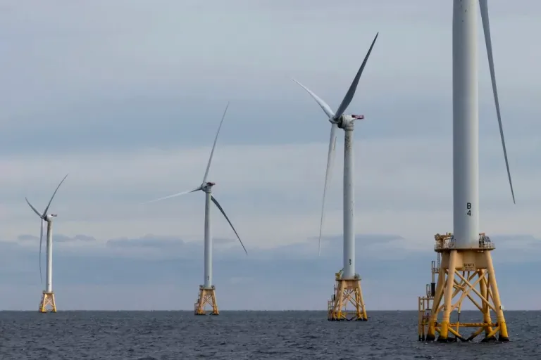 Turbines operate at the Block Island Wind Farm, Dec. 7, 2023, off the coast of Block Island, Rhode Island.
