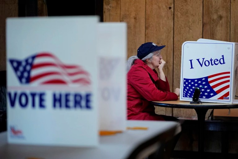 Katherine Castle votes Tuesday, April 2, 2024, at Yellow Rock Barn in Kansas City, Missouri.