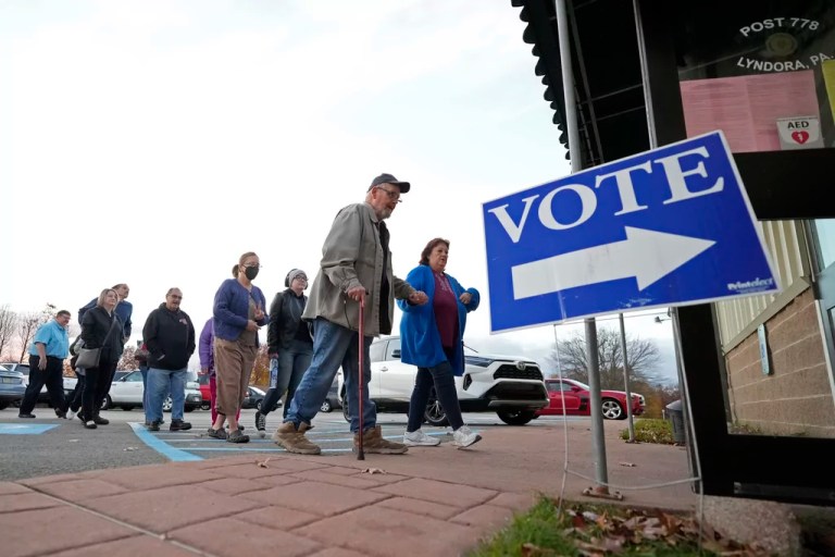 Voters enter American Legion Post 778 to cast their ballots in Butler Township, Pa., on Election Day, Tuesday, Nov. 5, 2024. (AP Photo/Robert F. Bukaty)