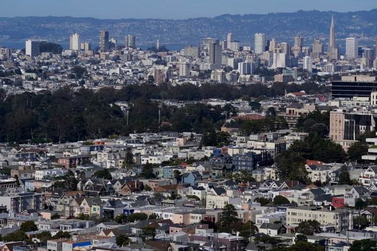 The skyline is shown over properties in San Francisco, April 26, 2023.