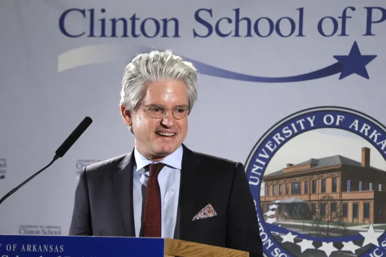 David Brock, founder of Correct the Record, speaks at the Clinton School of Public Service in Little Rock, Arkansas, Tuesday, March 25, 2014. (AP Photo/Danny Johnston)