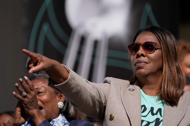 New York Attorney General Letitia James participates in a ceremony in honor of the New York Liberty's WNBA championship at City Hall in New York, Thursday, Oct. 24, 2024.