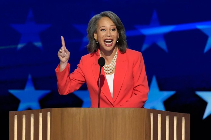 Rep. Lisa Blunt Rochester, D-Del., speaks during the Democratic National Convention Wednesday, Aug. 21, 2024, in Chicago. (AP Photo/J. Scott Applewhite)