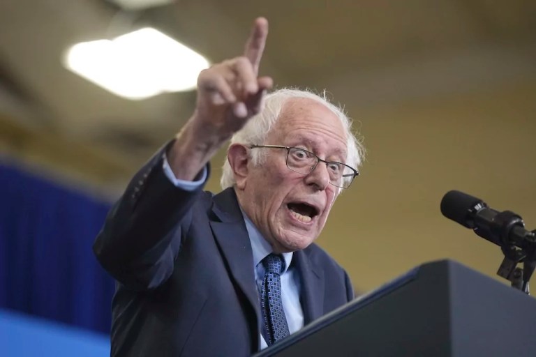 Sen. Bernie Sanders (I-VT) speaks before President Joe Biden arrives to deliver remarks on lowering the cost of prescription drugs at NHTI Concord Community College, Tuesday, Oct. 22, 2024, in Concord, New Hampshire.