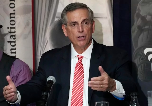 Georgia Secretary of State Brad Raffensperger participates during an election forum on Thursday, Sept. 19, 2024, in Ann Arbor, Michigan.