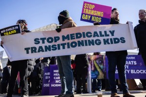 Demonstrators against transgenders rights protest during a rally outside of the Supreme Court, Wednesday, Dec. 4, 2024, in Washington, as arguments begin in a case regarding a Tennessee law banning gender-affirming medical care for transgender youth. (Graeme Jennings / Washington Examiner)