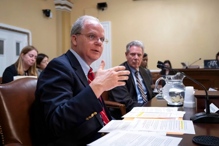 Rep. Brett Guthrie (R-KY), chairman of the House Subcommittee on Health, joined by House Energy and Commerce Committee Ranking Member Frank Pallone (D-NJ), goes before the House Rules Committee to advance a bill to end the requirement by the Centers for Disease Control and Prevention for proof of COVID-19 vaccination for foreign travelers coming to the United States, at the Capitol in Washington, Monday, Feb. 6, 2023.