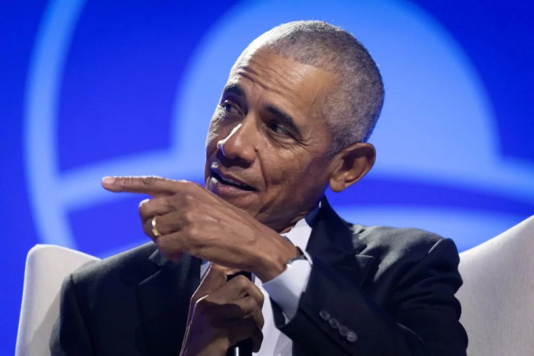 Former President Barack Obama moderates a conversation during the Obama Foundation's 2024 Democracy Forum on Dec. 05, 2024 in Chicago, Illinois.
