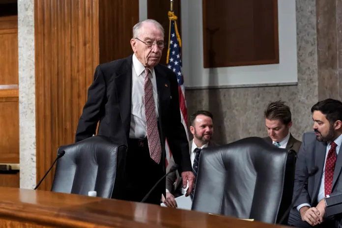 Sen. Chuck Grassley, R-Iowa, the incoming chairman of the Senate Judiciary Committee, takes his seat as the panel convenes to confirm President Joe Biden's nominees in the closing weeks of the 118th Congress and before President-elect Donald Trump takes office, at the Capitol in Washington, Thursday, Nov. 21, 2024. Former Florida congressman Matt Gaetz has withdrawn as President-elect Donald Trump's pick for attorney general following scrutiny over a federal sex trafficking investigation. The Republican's announcement came one day after meeting with senators in an effort to win their support for his confirmation to lead the Justice Department. (AP Photo/J. Scott Applewhite)