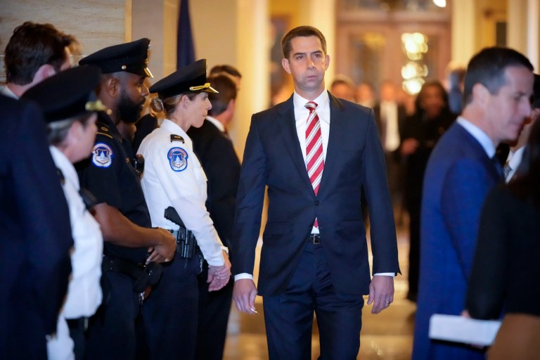 Sen. Tom Cotton (R-AK) arrives for a meeting of Senate Republicans on Capitol Hill, Wednesday, Nov. 13, 2024, in Washington.