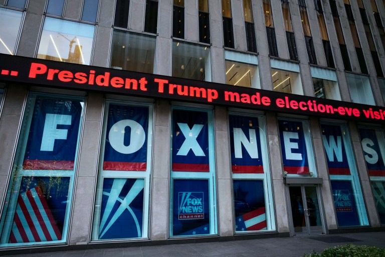 A headline about President Donald Trump is shown outside Fox News studios, Nov. 28, 2018, in New York.
