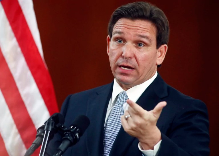Gov. Ron DeSantis (D-FL) answers questions from the media, March 7, 2023, at the state Capitol in Tallahassee, Florida.