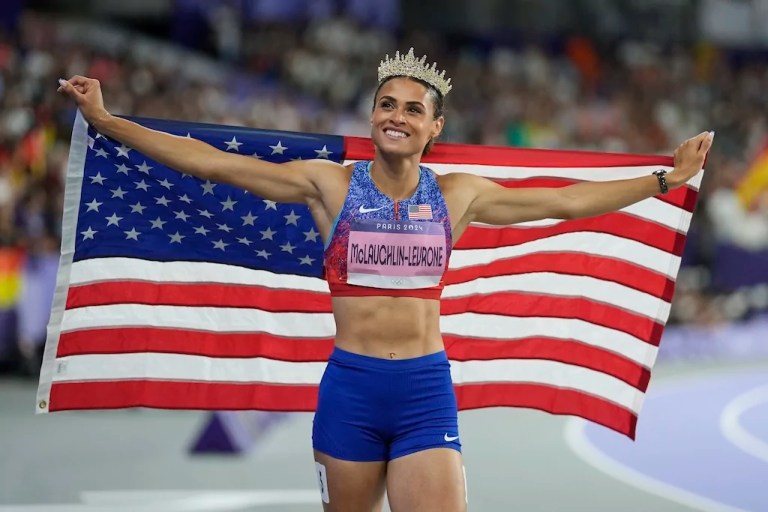 Sydney McLaughlin-Levrone celebrates after winning the women's 400-meter hurdles final at the 2024 Summer Olympics, Thursday, Aug. 8, 2024, in Saint-Denis, France.