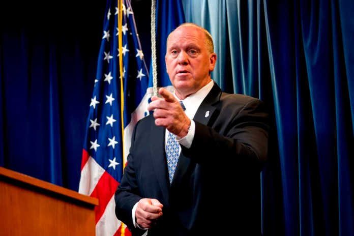Acting Director for Immigration and Customs Enforcement Thomas Homan takes a question from a reporter at a Department of Homeland Security news conference in Washington. Homan, the acting director of the agency charged with combating illegal immigration, is stepping down, U.S. ICE announced Monday.