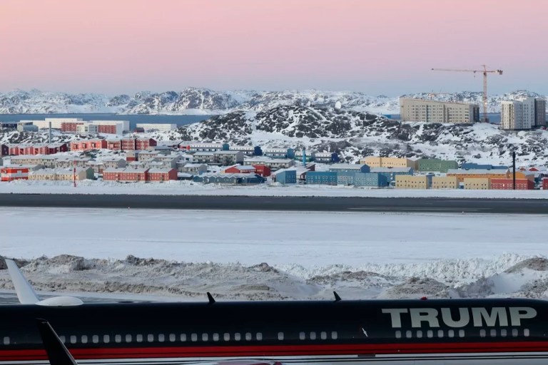 A plane carrying Donald Trump Jr. lands in Nuuk, Greenland, Tuesday, Jan. 7, 2025.