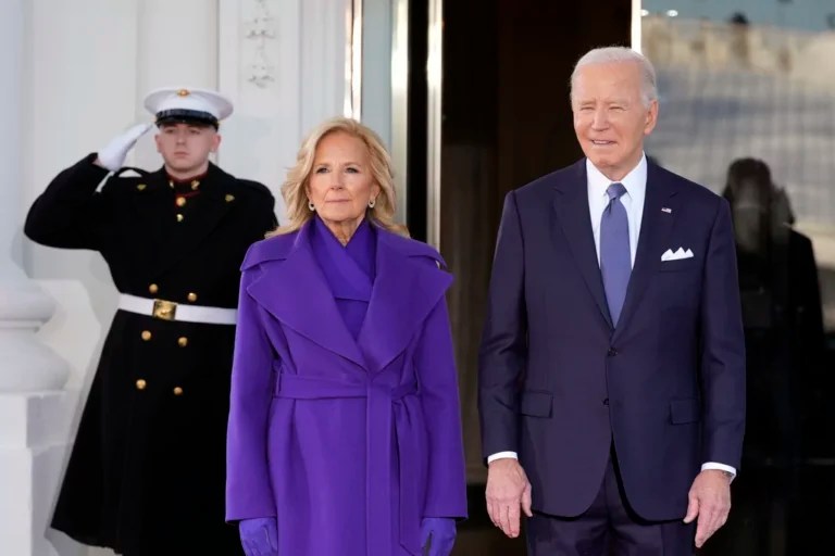 Former President Joe Biden and former first lady Jill Biden walk out to greet former Vice President Kamala Harris and former second gentleman Doug Emhoff upon their arrival at the White House, Monday, Jan. 20, 2025, in Washington.