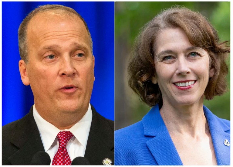 FILE - This combination of file photos shows former Republican attorney general Brad Schimel and Susan Crawford.
