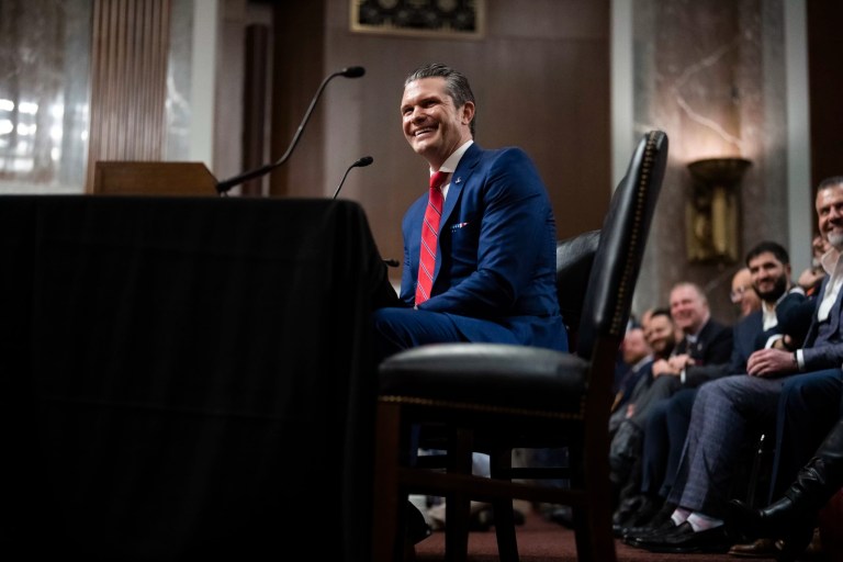 Pete Hegseth, President-elect Donald Trump's nominee to be defense secretary, testifies during his Senate Armed Services confirmation hearing in Dirksen building on Tuesday, January 14, 2025.