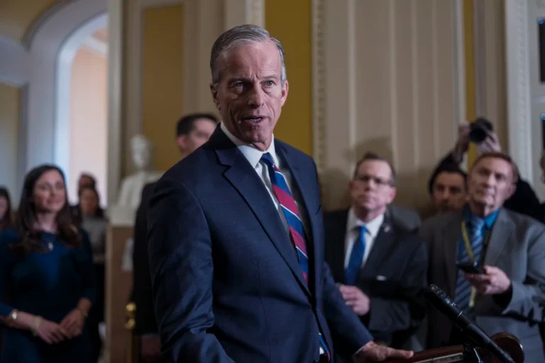 Senate Majority Leader John Thune (R-SD) talks about the GOP immigration plan, during the senate's weekly policy news conference, in the Capitol, in Washington, Tuesday, Jan. 14, 2025.