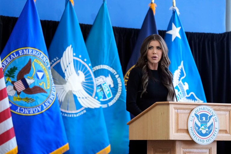 Homeland Security Secretary Kristi Noem speaks to employees at the Department of Homeland Security, Tuesday, Jan. 28, 2025, in Washington.