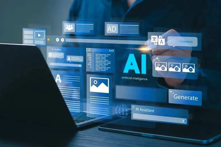 A man uses a laptop to interact with AI assistant.