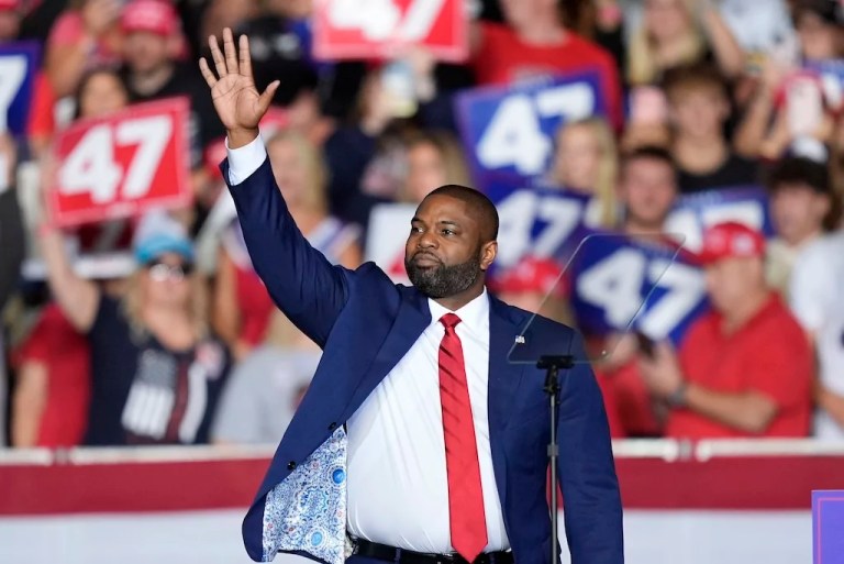 Rep. Byron Donalds (R-FL) waves before former President Donald Trump, Republican presidential nominee, arrives at a campaign rally at the Resch Center, Oct. 30, 2024, in Green Bay, Wisconsin. (AP Photo/Alex Brandon)