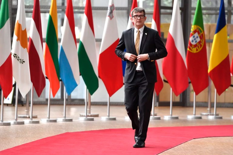 Acting Danish Minister of Defense Troels Lund Poulsen arrives for a meeting of EU foreign and defense ministers at the European Council building in Brussels on Monday, March 20, 2023. European Union foreign ministers on Monday will discuss the situation in Ukraine and Tunisia. (AP Photo/Geert Vanden Wijngaert)
