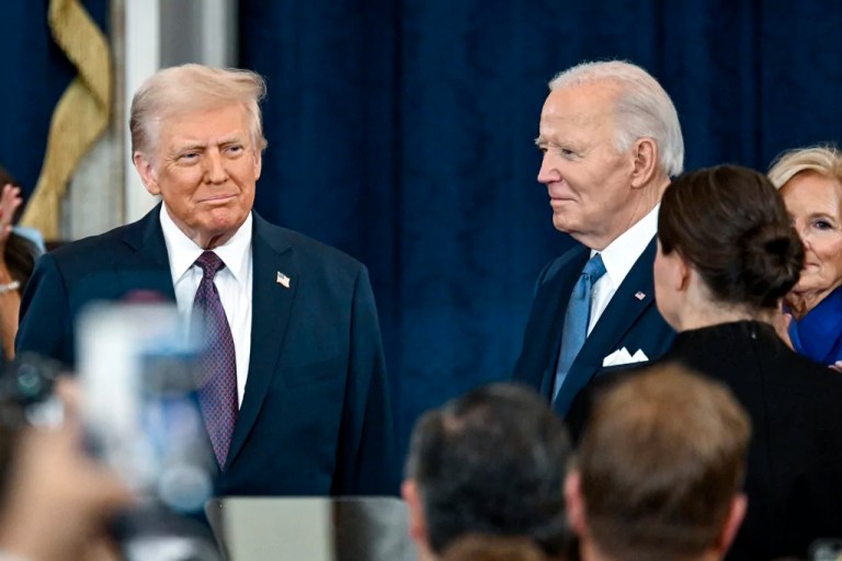 President-elect Donald Trump, left, and President Joe Biden arrive at the 60th Presidential Inauguration in the Rotunda of the U.S. Capitol in Washington, Monday, Jan. 20, 2025. (Kenny Holston/The New York Times via AP, Pool)